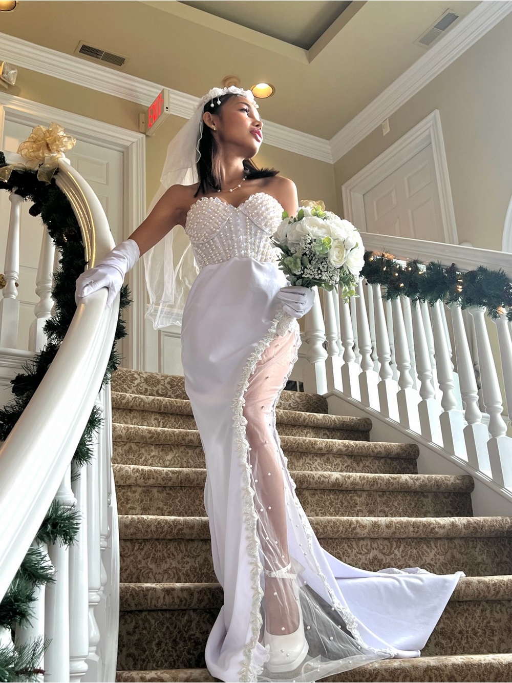 Elegant White Bridal Gown with Pearl Bodice